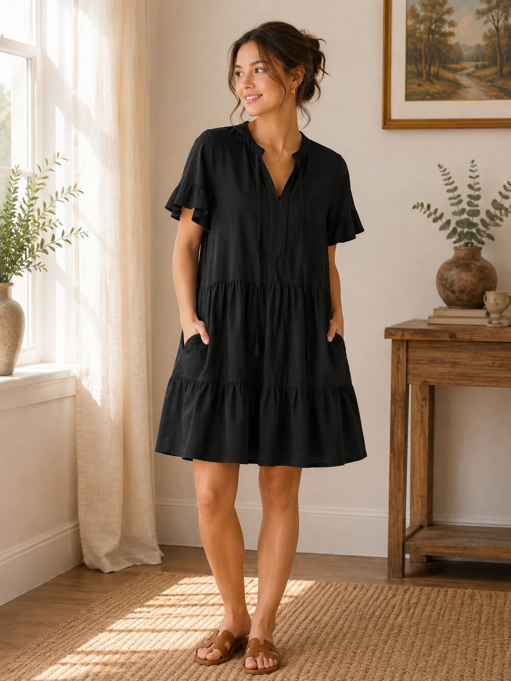 Threadbare Black Tiered Dress Pockets Cotton Mixed Media US 12 UK 16